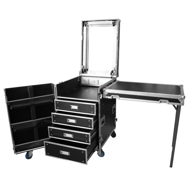 Make-Up Drawers Case; 4 Drawers; Shelves; Back panel attaches as Side Bench