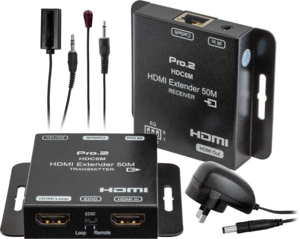 Transmitter 1x CAT5e/6, 1x HDMI loopout, 1x IR, Receiver 1xHDMI, 1xIR