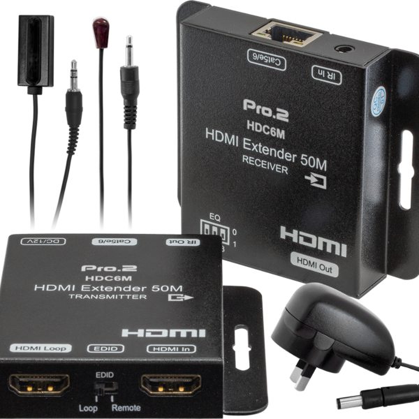 Transmitter 1x CAT5e/6, 1x HDMI loopout, 1x IR, Receiver 1xHDMI, 1xIR